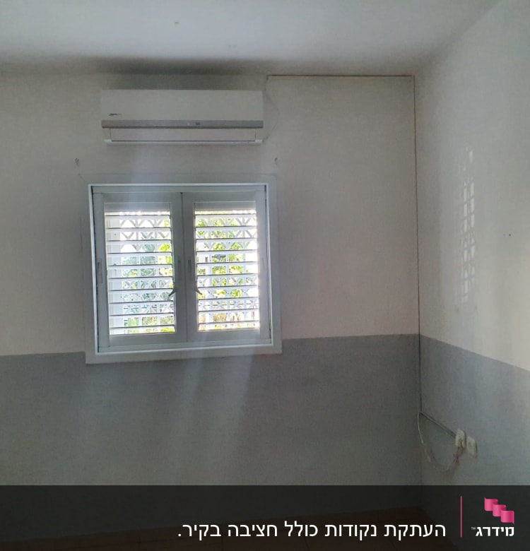 מזגן מותקן על קיר מעל חלון עם תריסים